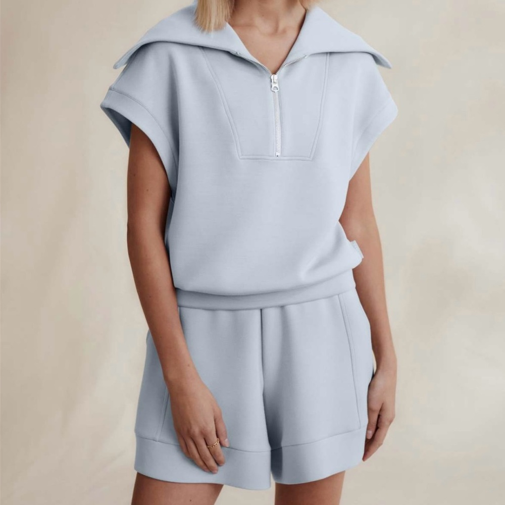Varley Light Blue Short Sleeve Zip Polo and Shorts Set